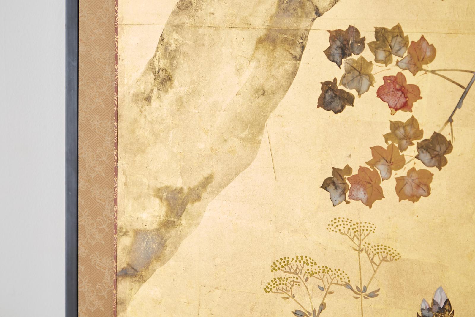 Japanese Four-Panel Rimpa Screen Floral Autumn Landscape For Sale 7