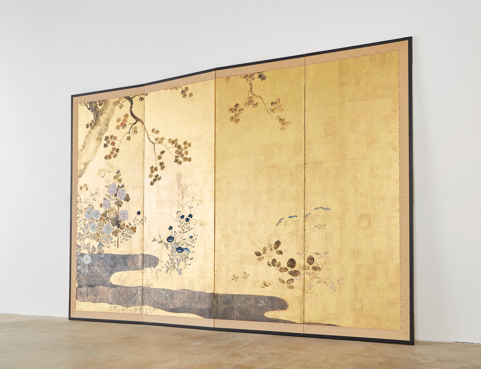 Japanese Four-Panel Rimpa Screen Floral Autumn Landscape 10