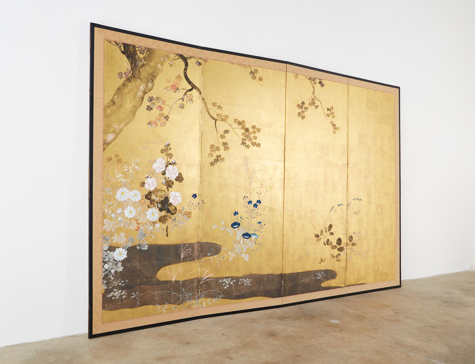 Japanese Four-Panel Rimpa Screen Floral Autumn Landscape 11