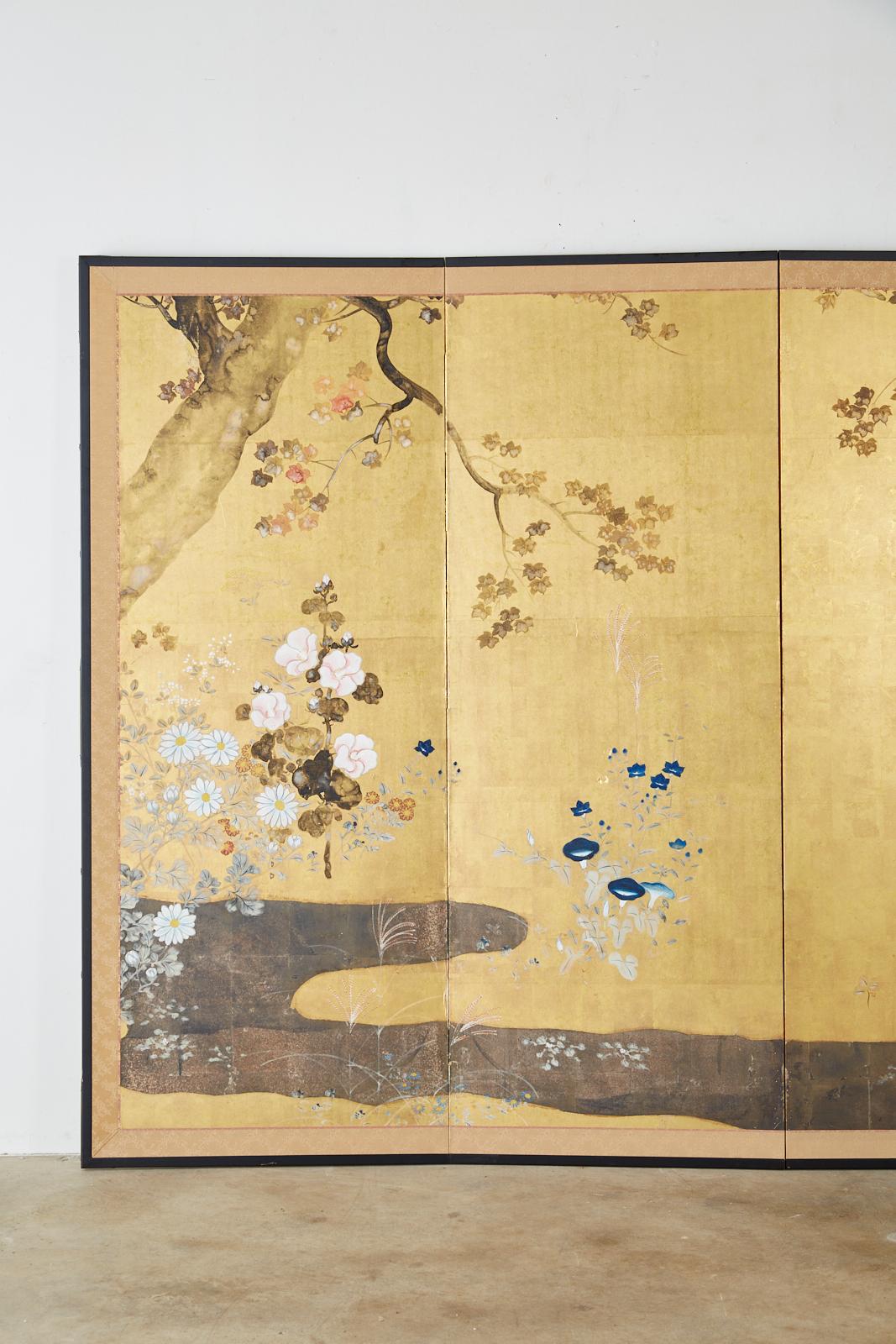 Meiji Japanese Four-Panel Rimpa Screen Floral Autumn Landscape For Sale