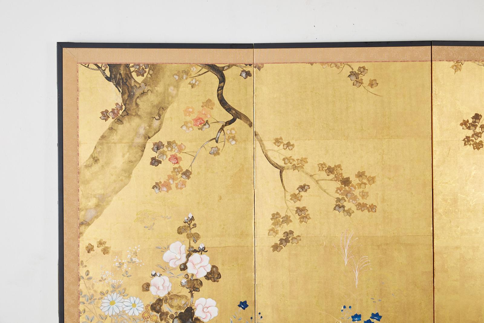 Japanese Four-Panel Rimpa Screen Floral Autumn Landscape In Good Condition For Sale In Rio Vista, CA