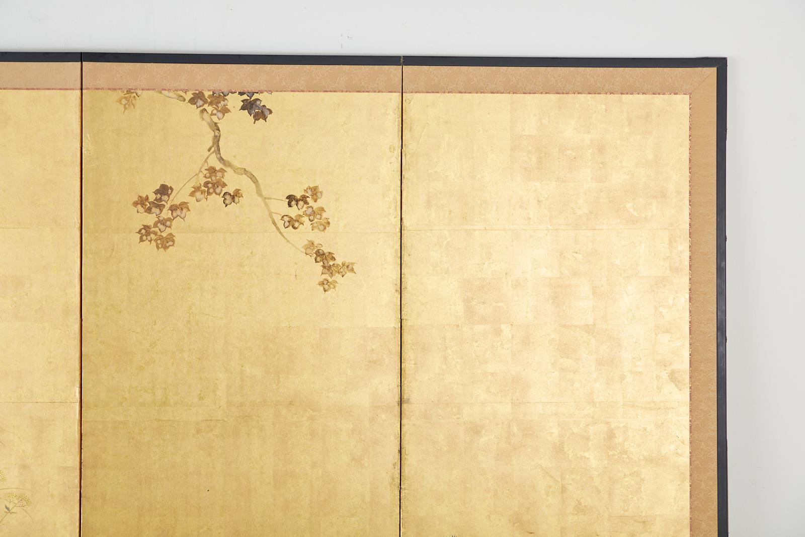 Brass Japanese Four-Panel Rimpa Screen Floral Autumn Landscape For Sale