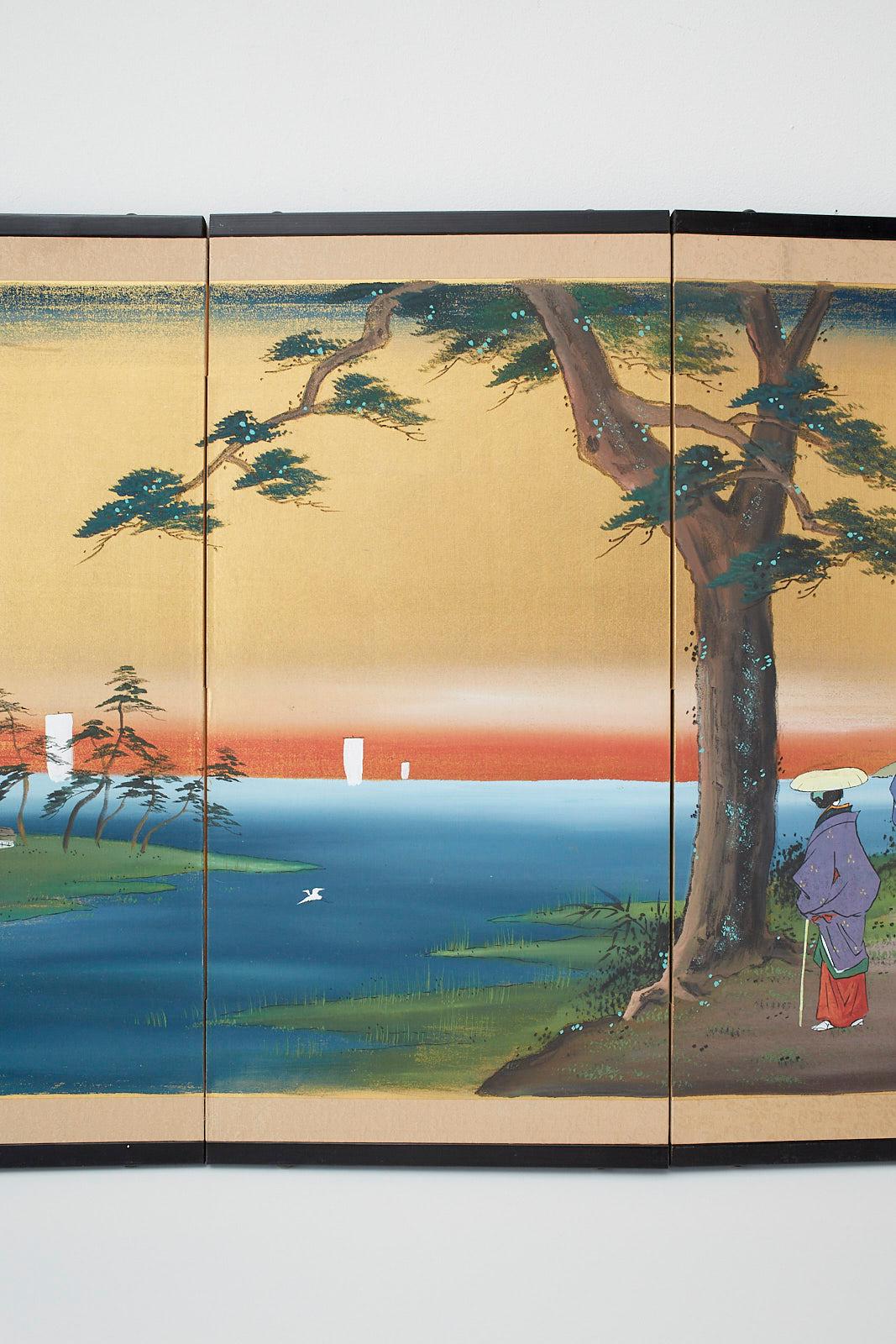 Hand-Crafted Japanese Four-Panel Screen 53 Stations of Tokaido