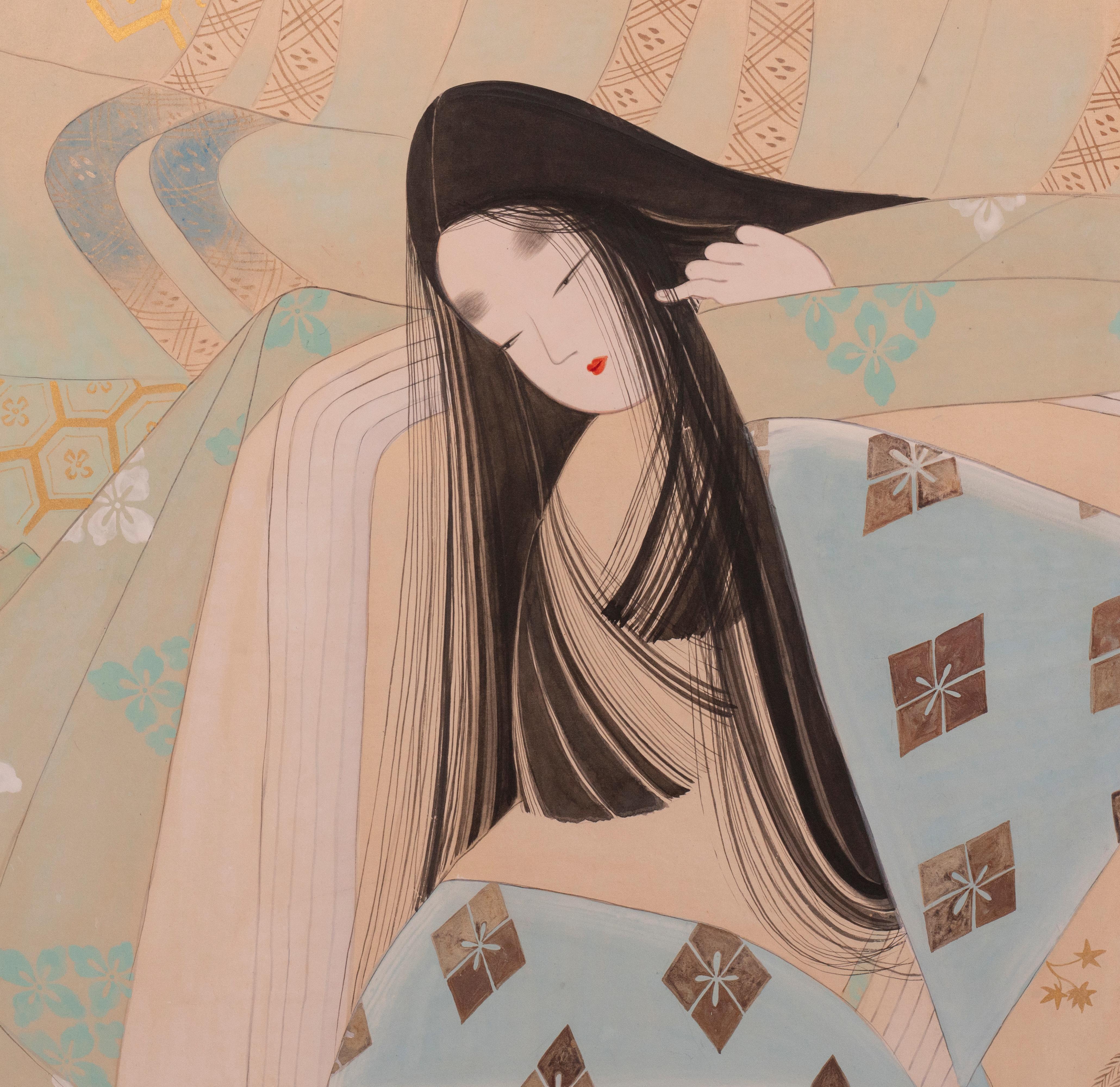 Biombo japonés de cuatro paneles: Una escena de las Colas de Genji Japonés en venta