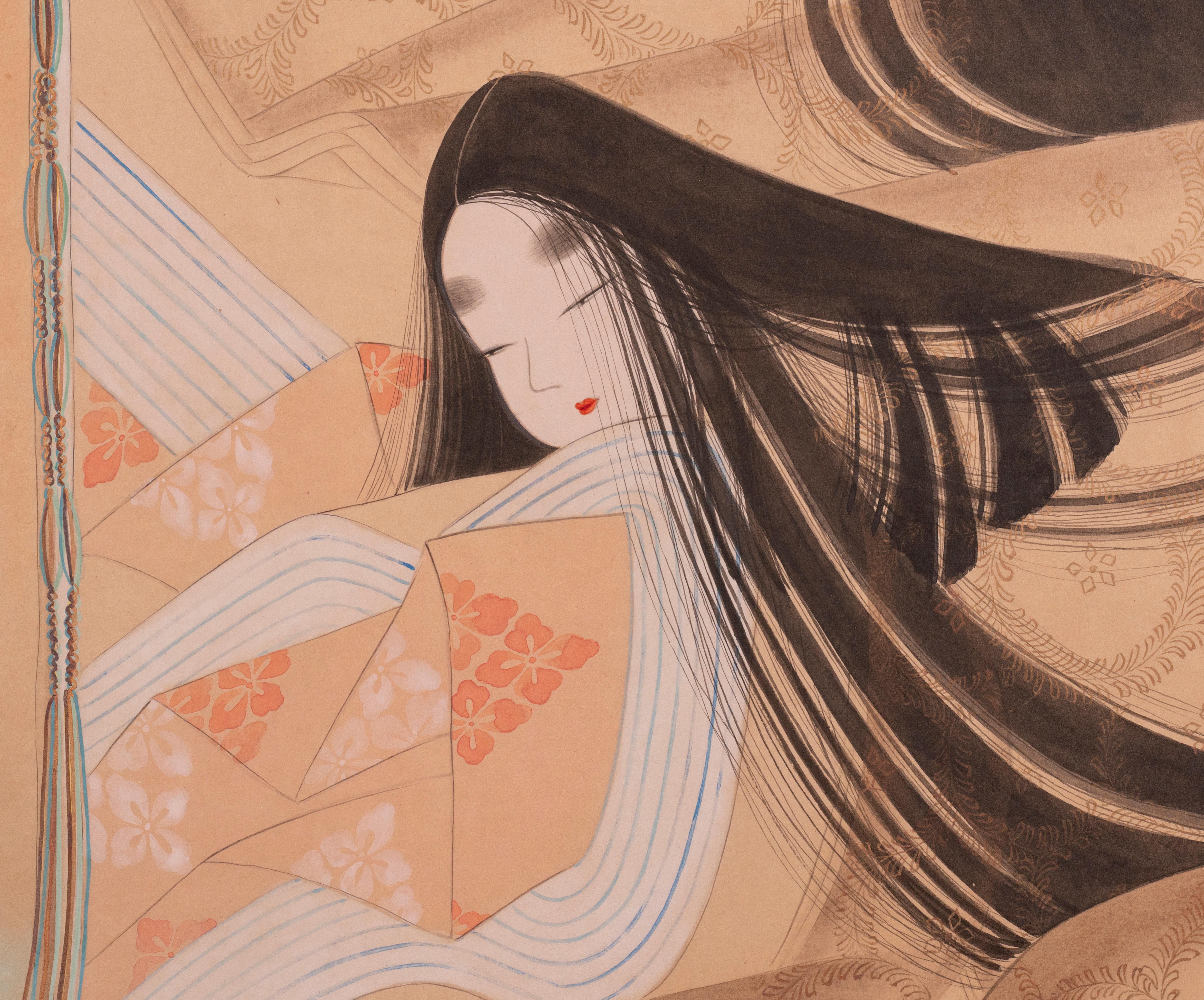 Biombo japonés de cuatro paneles: Una escena de las Colas de Genji siglo XX en venta