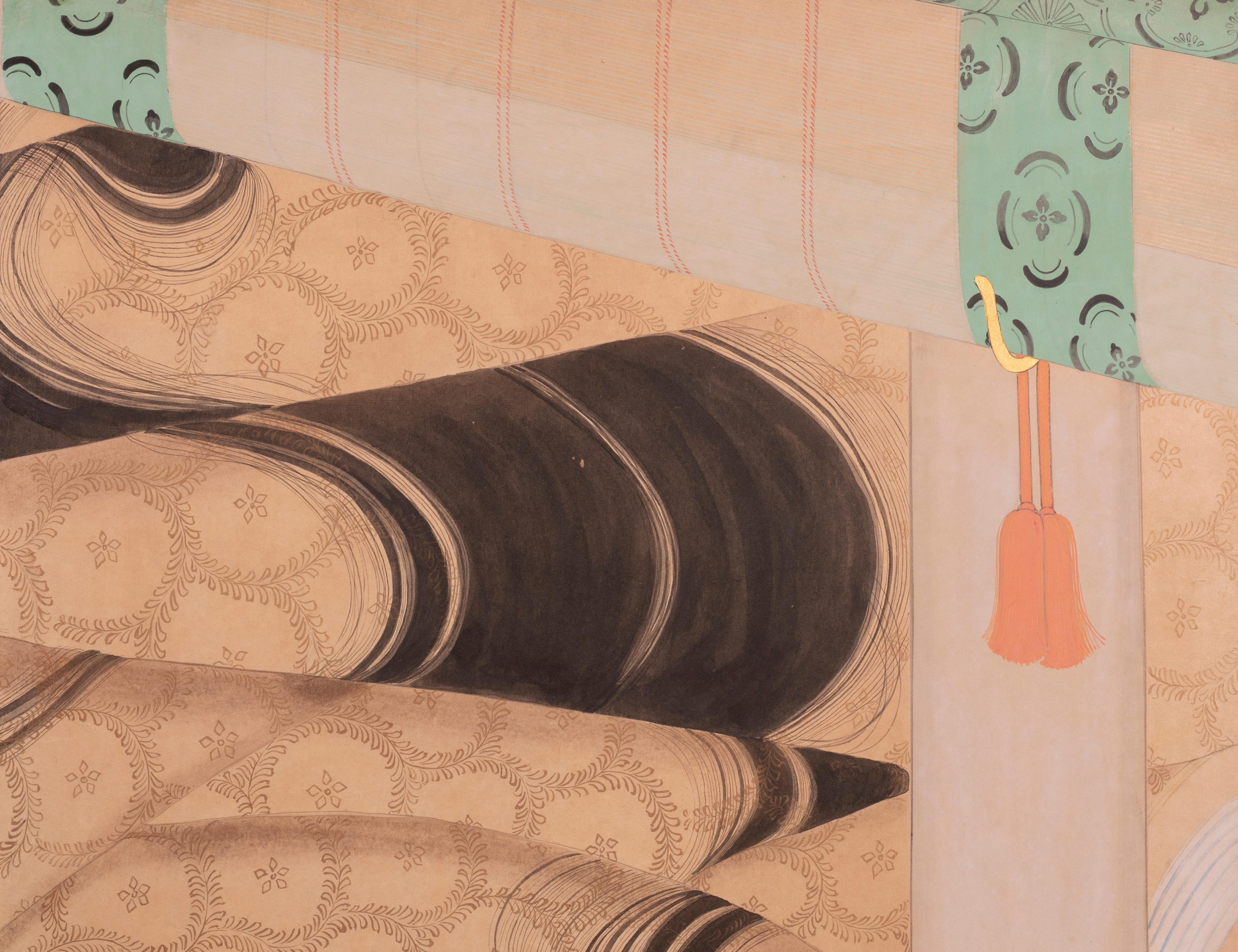 Biombo japonés de cuatro paneles: Una escena de las Colas de Genji Laca en venta