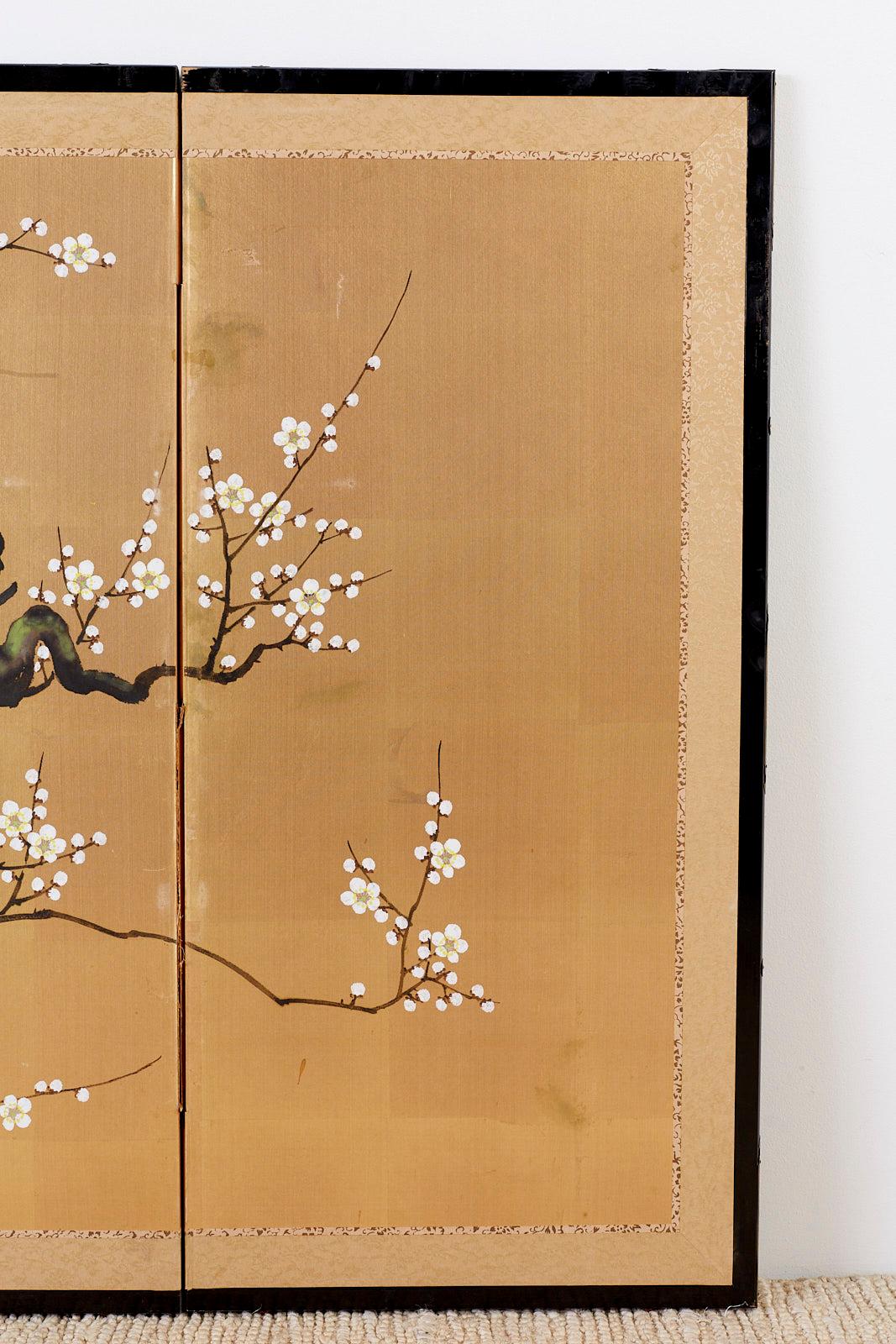 Etched Japanese Four Panel Screen Ancient Sakura Cherry Blossom 