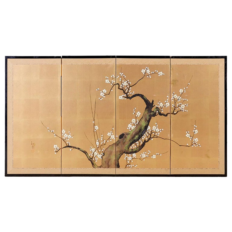 Paravent Japonais à Quatre Panneaux Fleur De Cerisier Sakura Ancienne sur  1stDibs