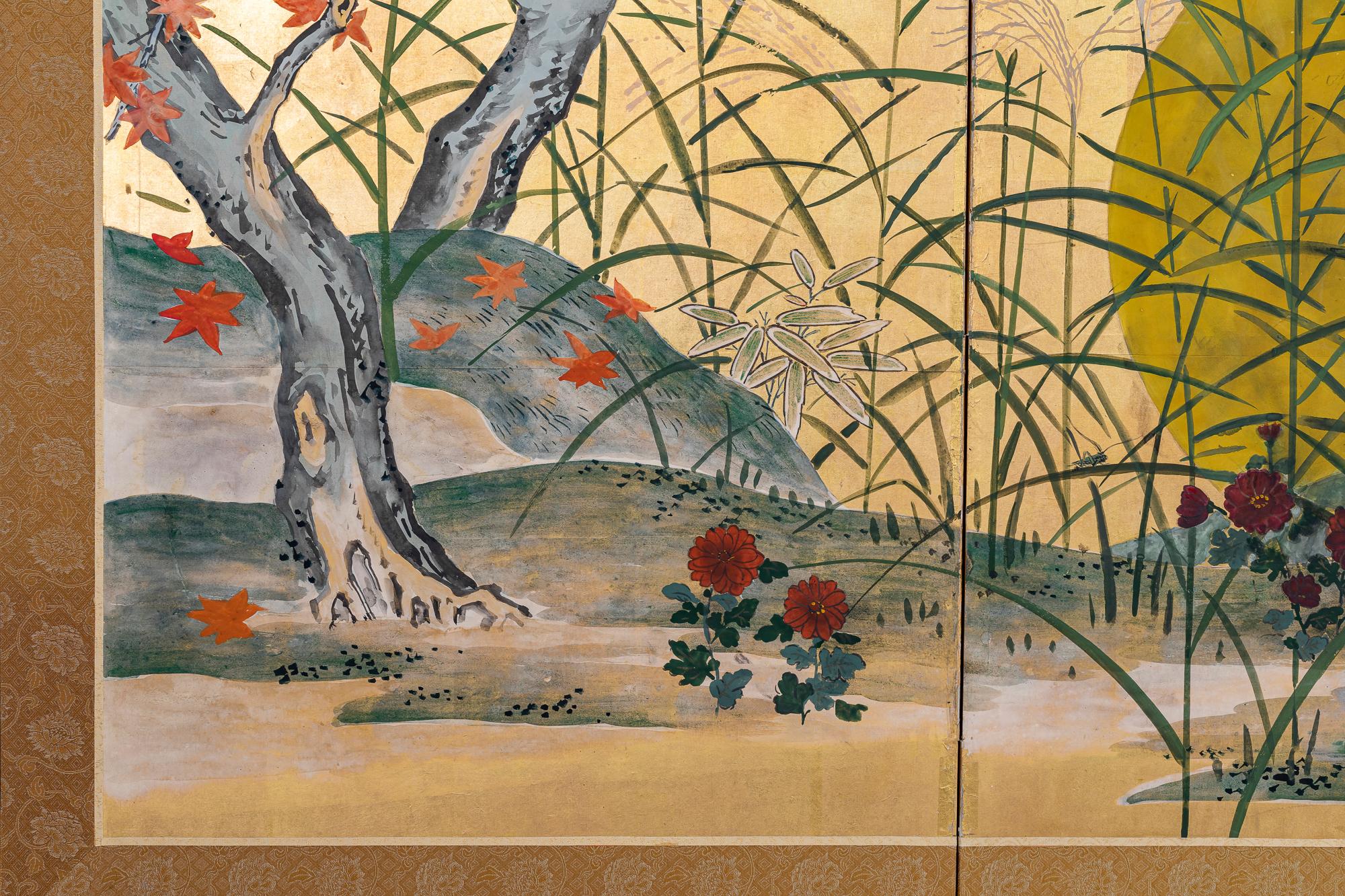 Japanese Four Panel Screen: Autumn Flowers and Moon on Gold For Sale 5