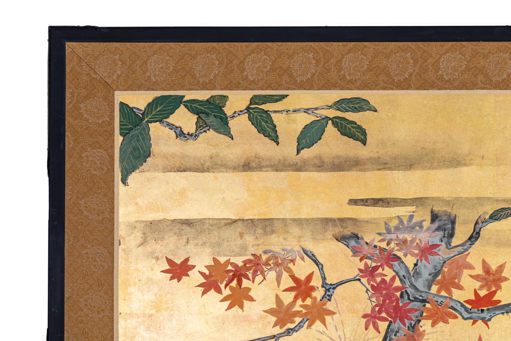Japanese Four Panel Screen: Autumn Flowers and Moon on Gold For Sale 7