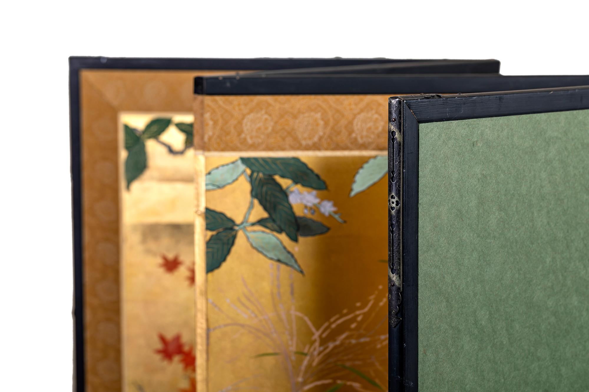 Japanese Four Panel Screen: Autumn Flowers and Moon on Gold For Sale 8