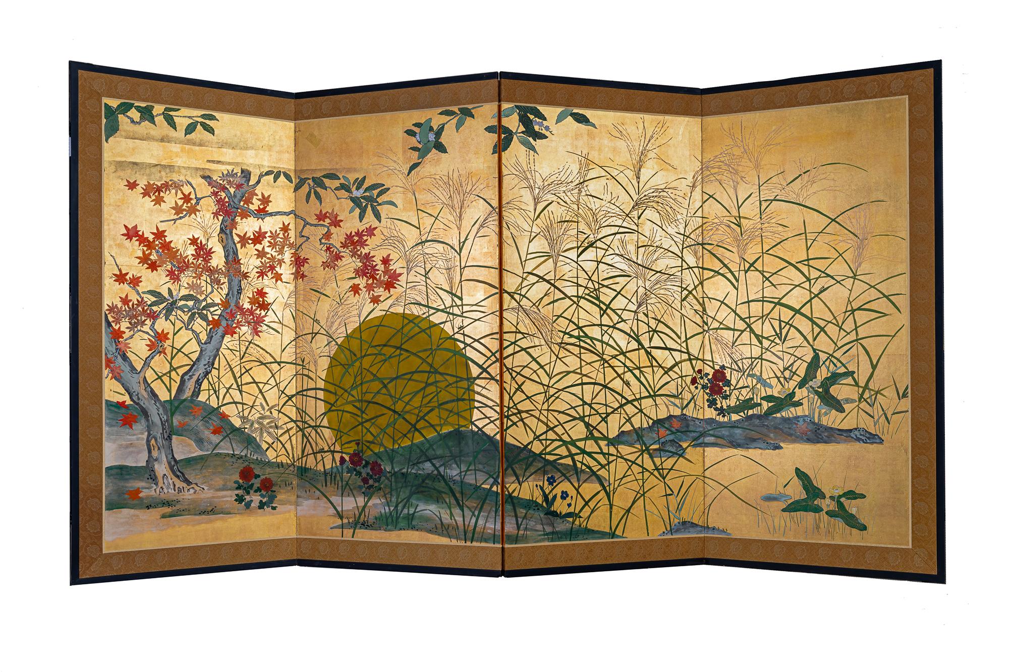 Japanese Four Panel Screen: Autumn Flowers and Moon on Gold For Sale 9