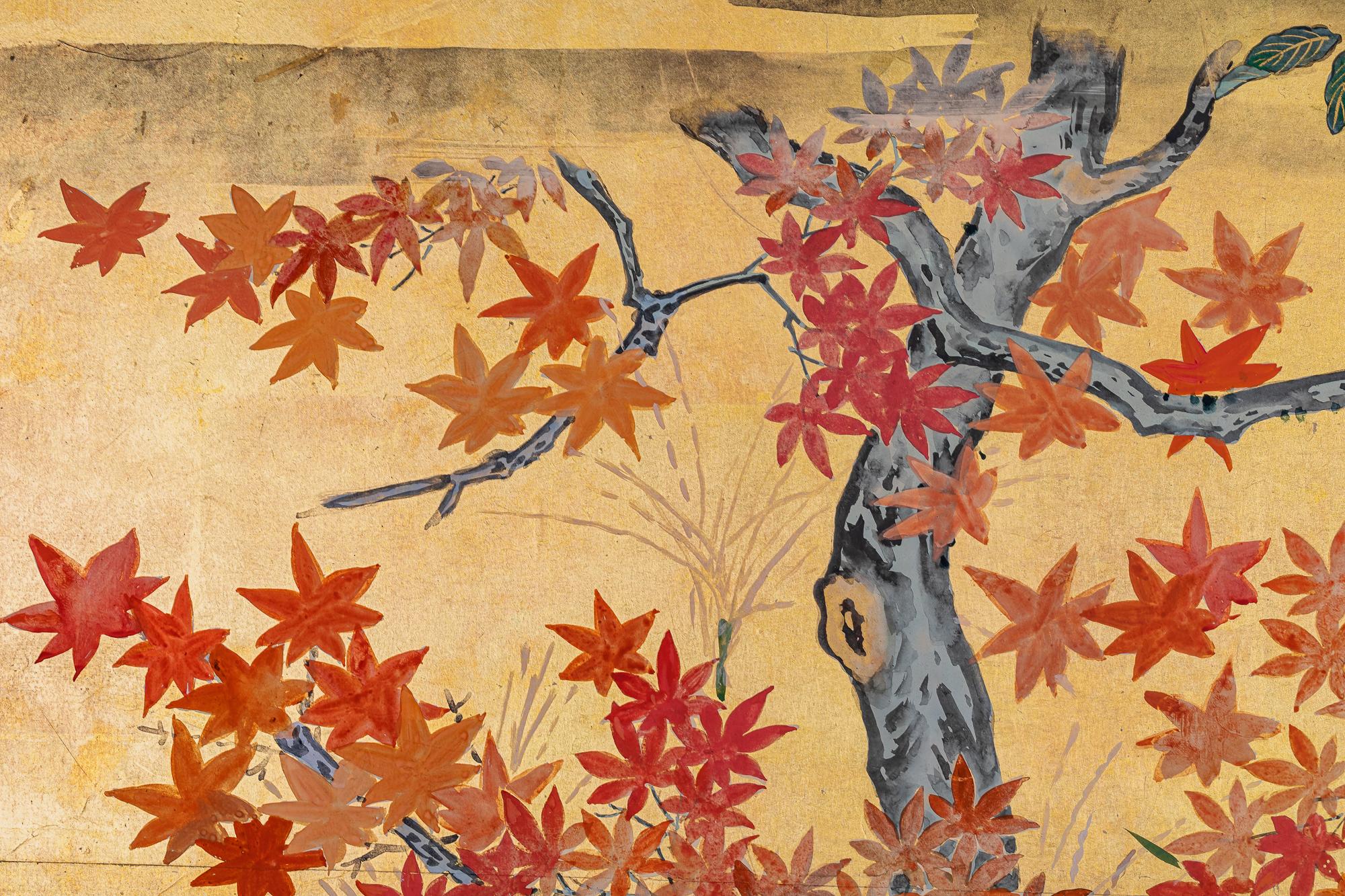 Japanese Four Panel Screen: Autumn Flowers and Moon on Gold In Good Condition For Sale In Hudson, NY