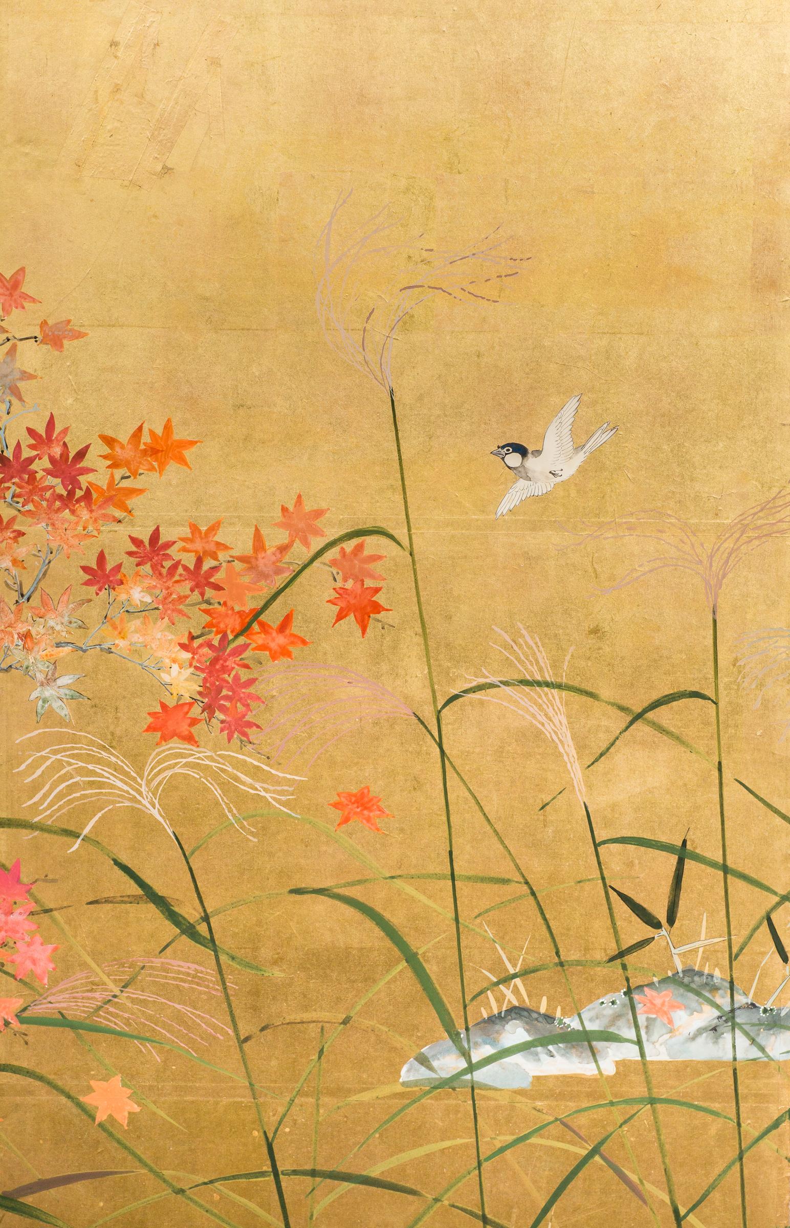 Taisho Japanese Four Panel Screen, Autumn Flowers For Sale