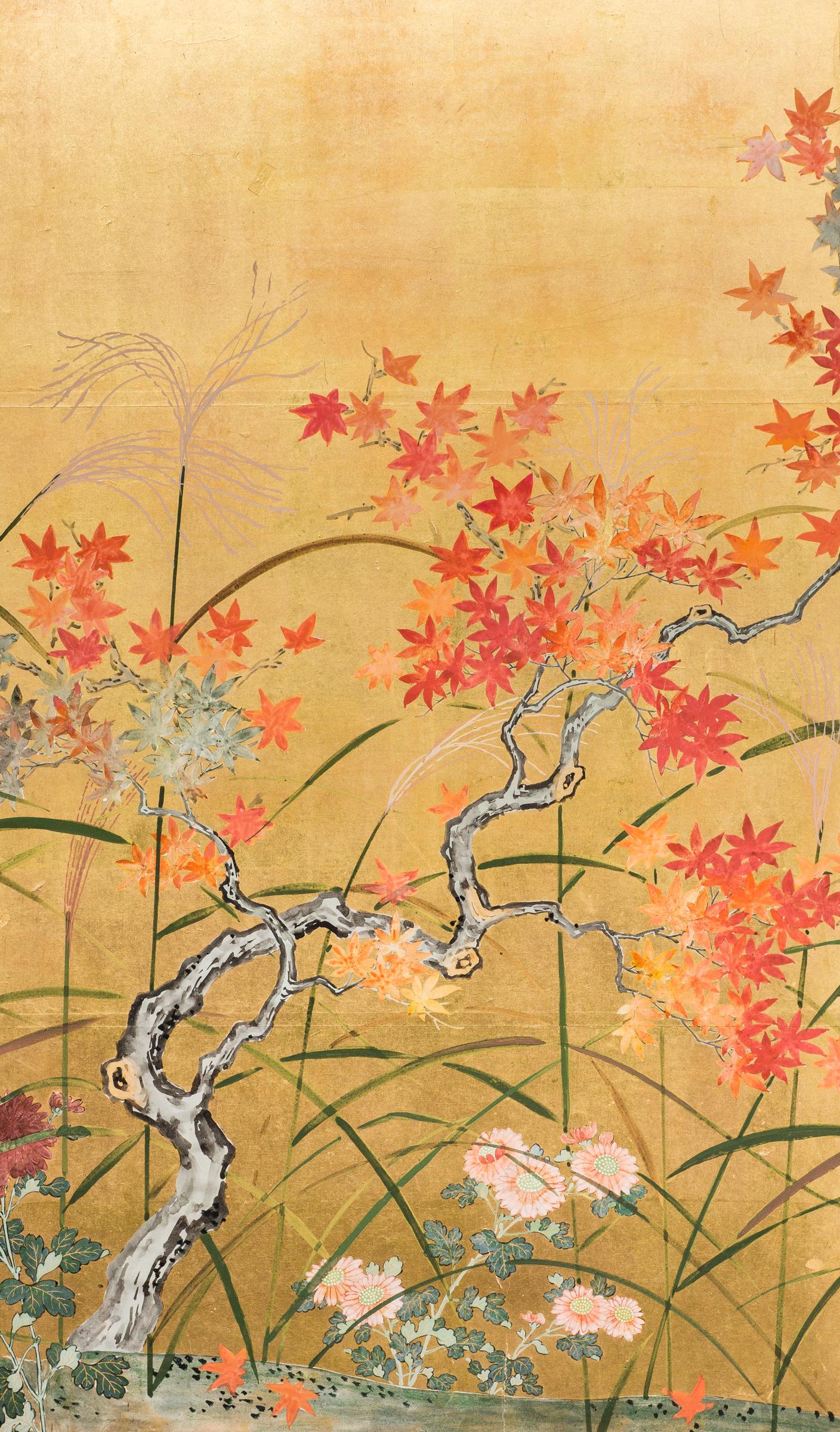 Japanese Four Panel Screen, Autumn Flowers In Good Condition For Sale In Hudson, NY
