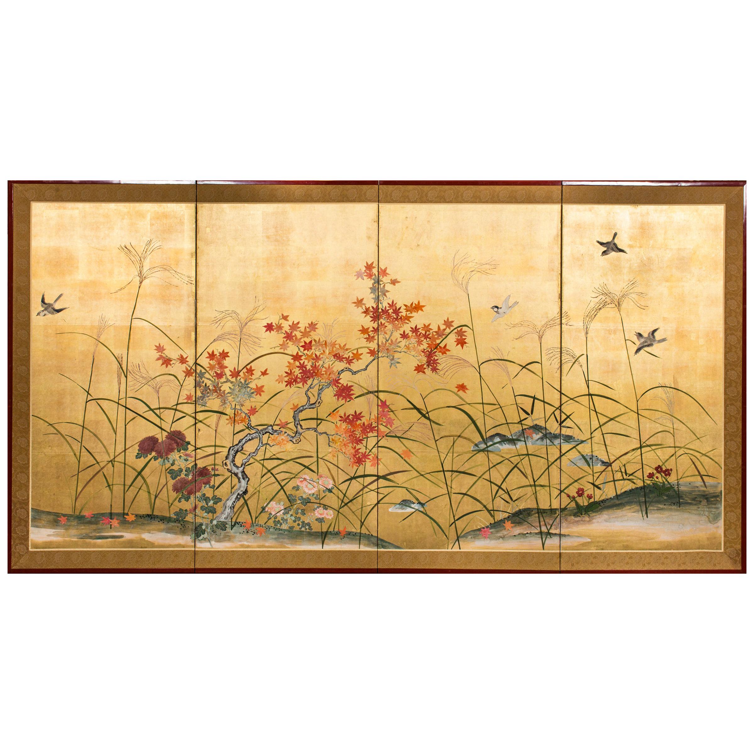 Japanese Four Panel Screen, Autumn Flowers For Sale