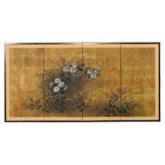 Japanese Four Panel Screen Autumn Foliage and Flowers
