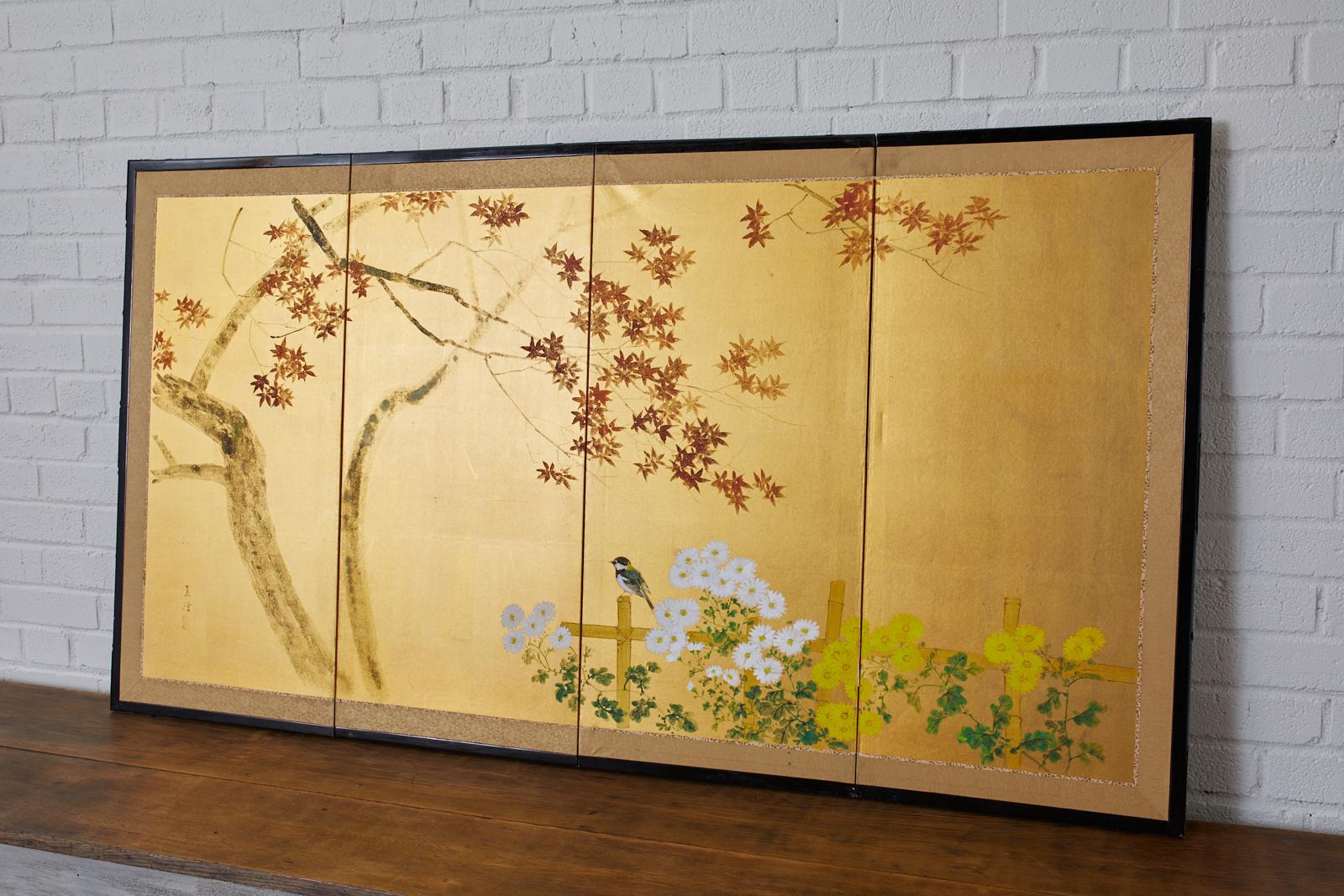 Gilt Japanese Four-Panel Screen Autumn Maple and Chrysanthemum