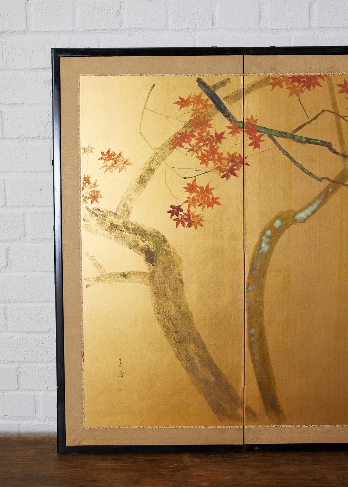Japanese Four-Panel Screen Autumn Maple and Chrysanthemum In Good Condition In Rio Vista, CA