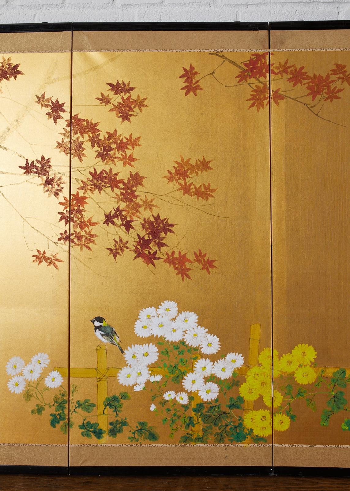 Brass Japanese Four-Panel Screen Autumn Maple and Chrysanthemum