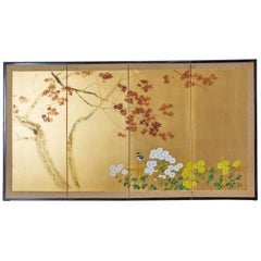 Japanese Four-Panel Screen Autumn Maple and Chrysanthemum