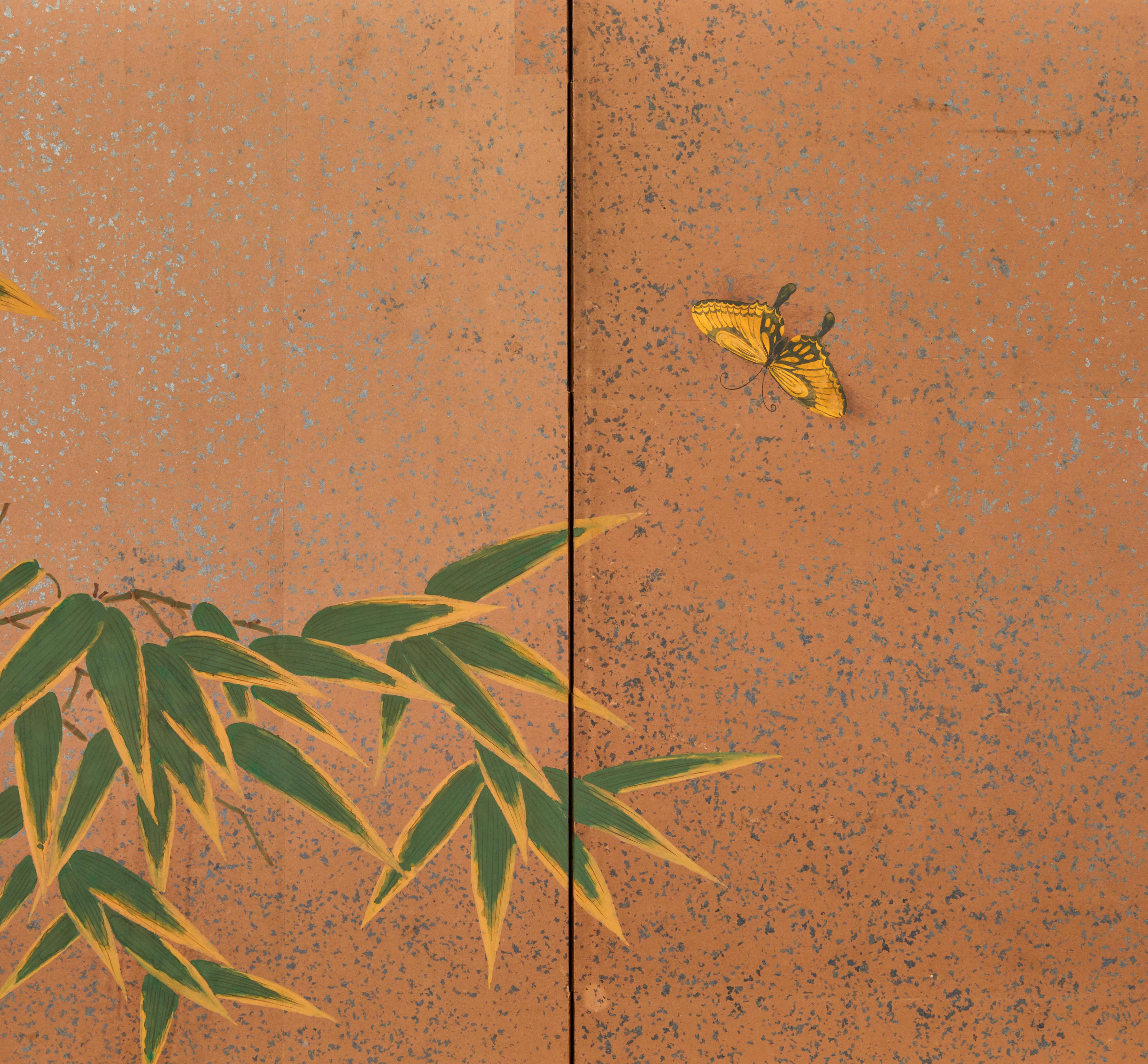 19th Century Japanese Four Panel Screen, Bamboo and Butterflies with Silver Dust