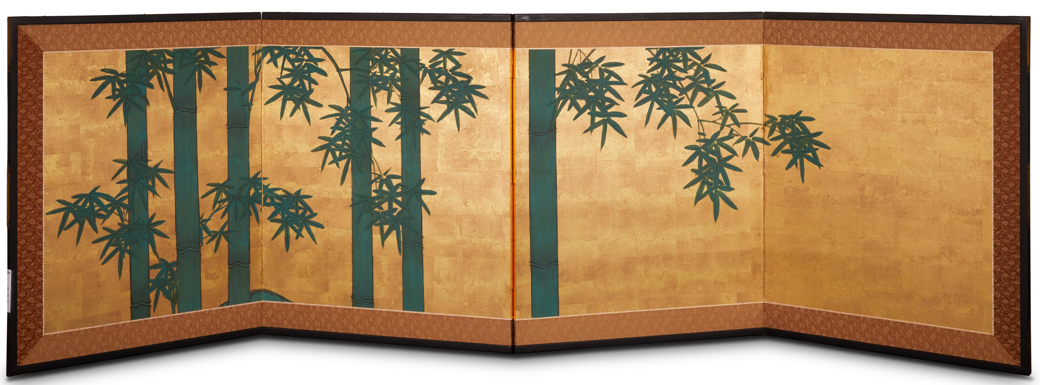 Brocade Japanese Four Panel Screen: Bamboo on Gold For Sale