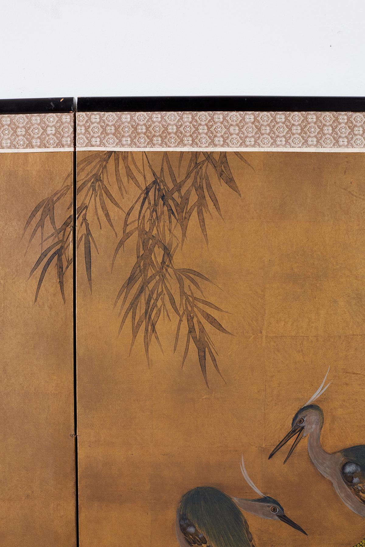 Japanese Four-Panel Screen Blue Herons on Willow Tree 6
