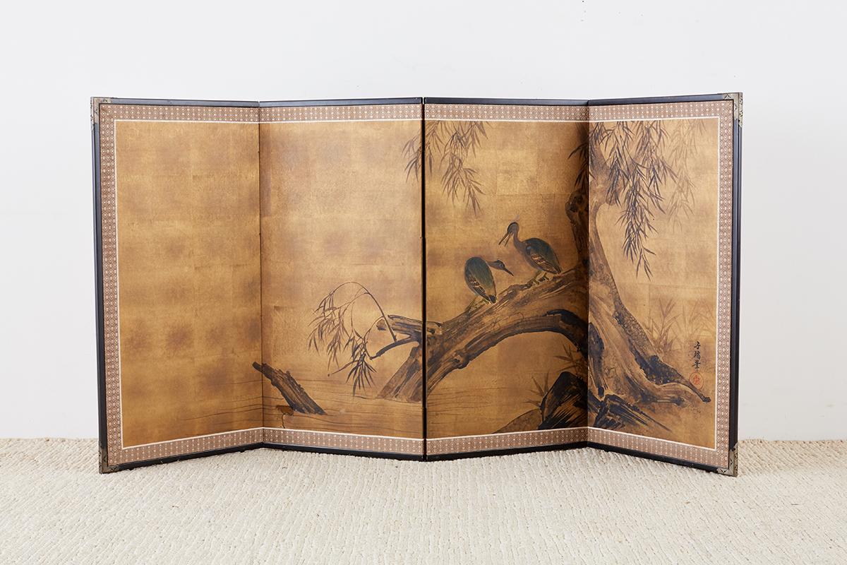 Japanese Four-Panel Screen Blue Herons on Willow Tree 8