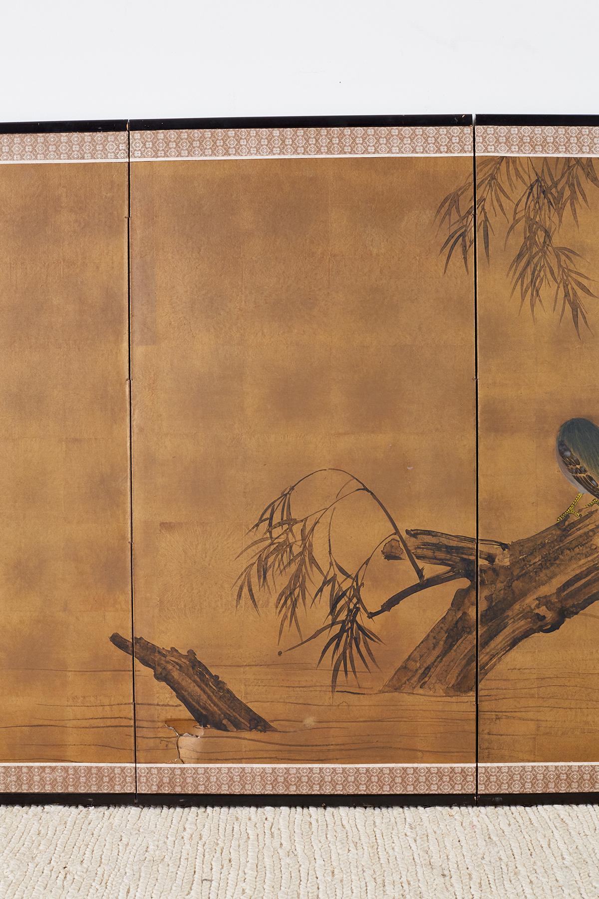 Lacquered Japanese Four-Panel Screen Blue Herons on Willow Tree