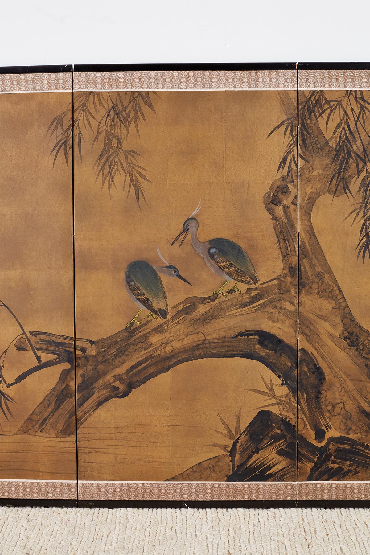 Japanese Four-Panel Screen Blue Herons on Willow Tree In Good Condition In Rio Vista, CA