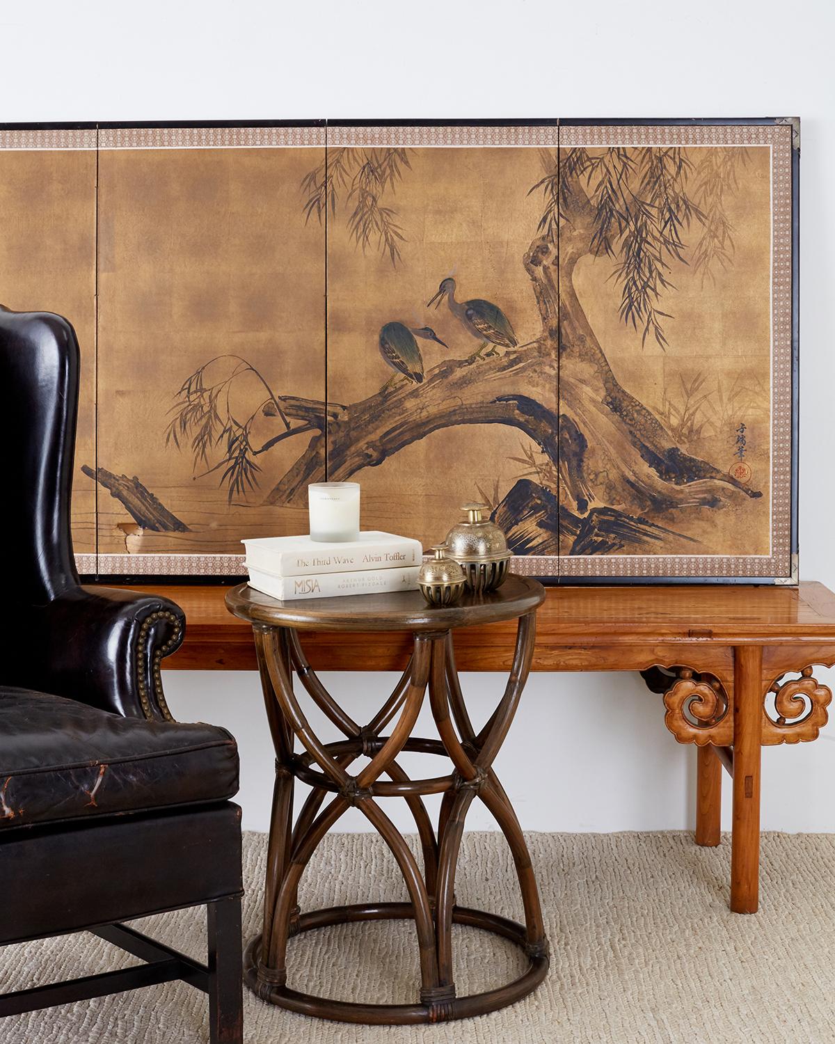 20th Century Japanese Four-Panel Screen Blue Herons on Willow Tree