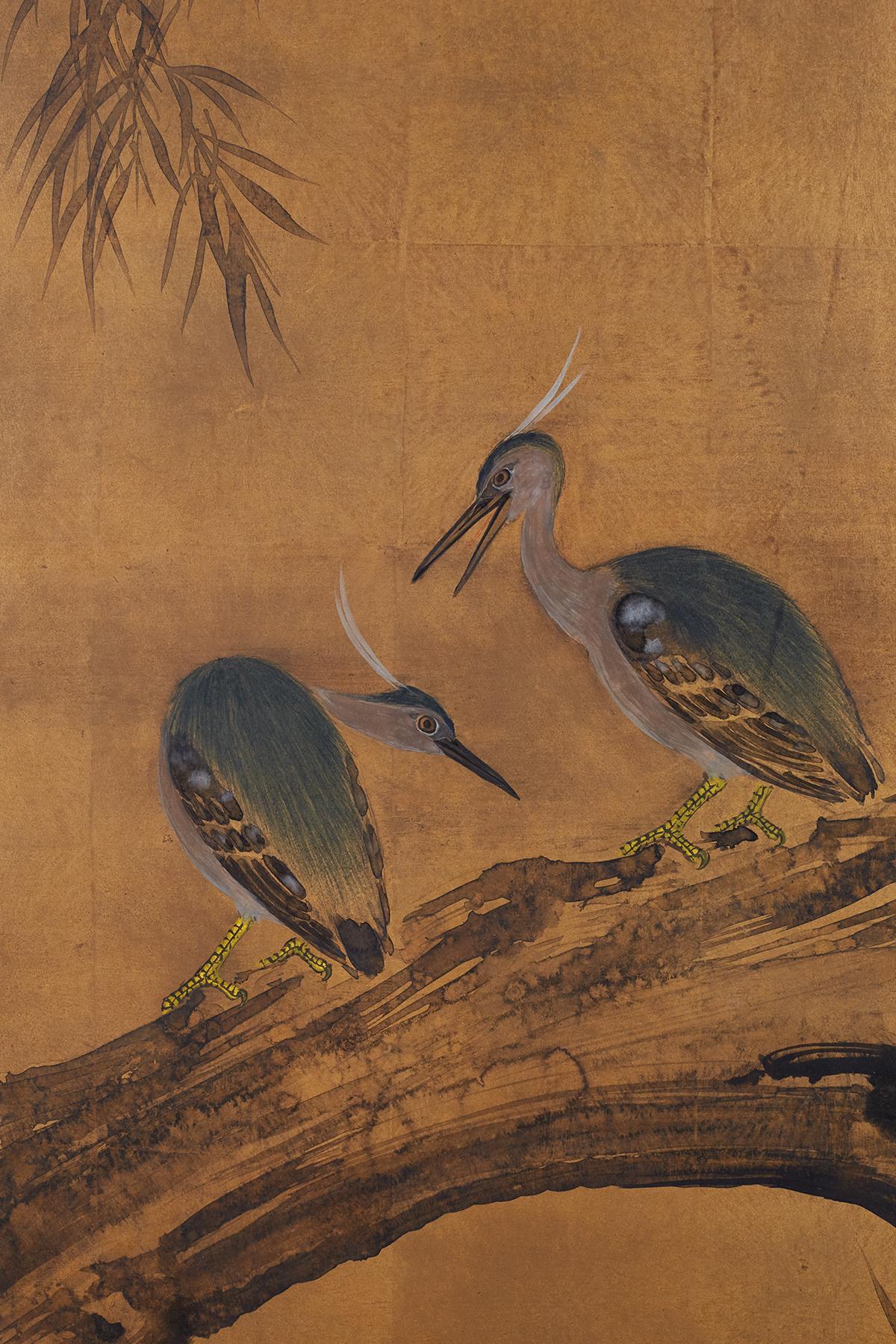 Japanese Four-Panel Screen Blue Herons on Willow Tree 1