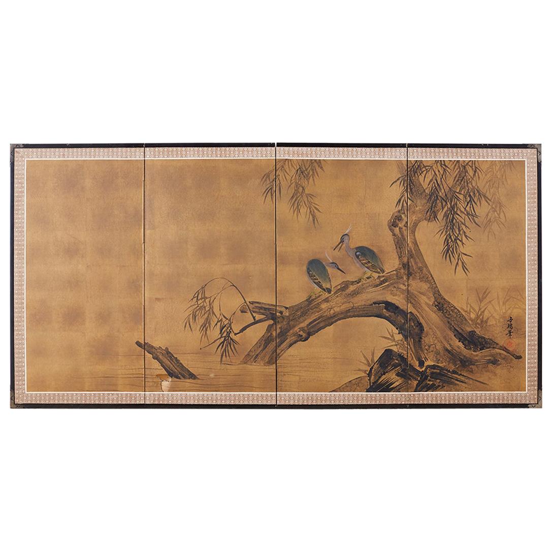 Japanese Four-Panel Screen Blue Herons on Willow Tree