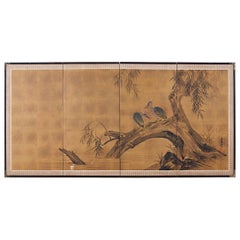 Japanese Four-Panel Screen Blue Herons on Willow Tree