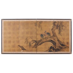 Japanese Four-Panel Screen Blue Herons on Willow Tree