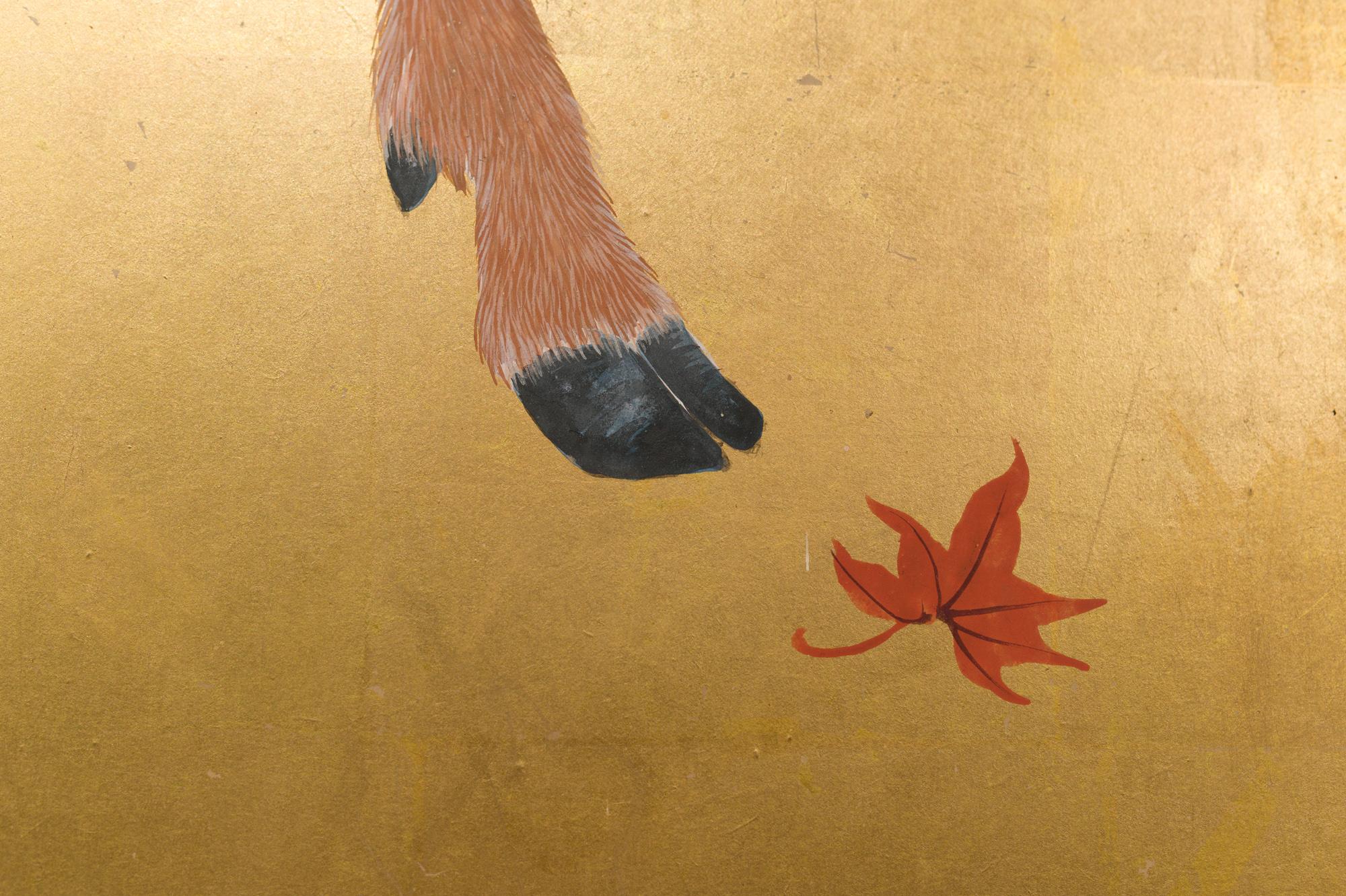 Japanese Four Panel Screen Buck and Doe with Autumn Maple on Gold In Good Condition In Hudson, NY