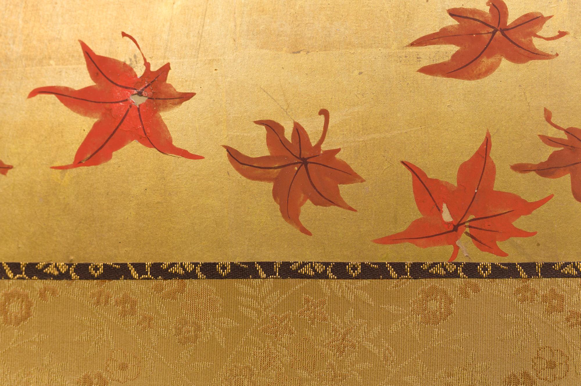 Early 20th Century Japanese Four Panel Screen Buck and Doe with Autumn Maple on Gold