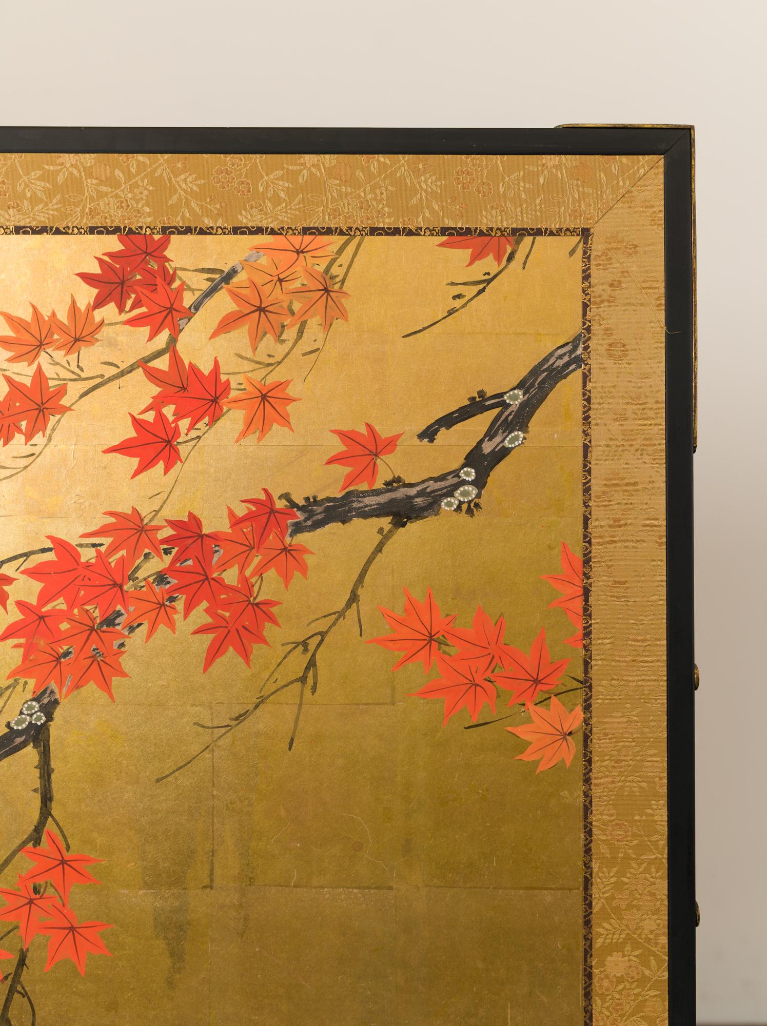 Silk Japanese Four Panel Screen Buck and Doe with Autumn Maple on Gold