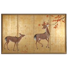Japanese Four Panel Screen Buck and Doe with Autumn Maple on Gold