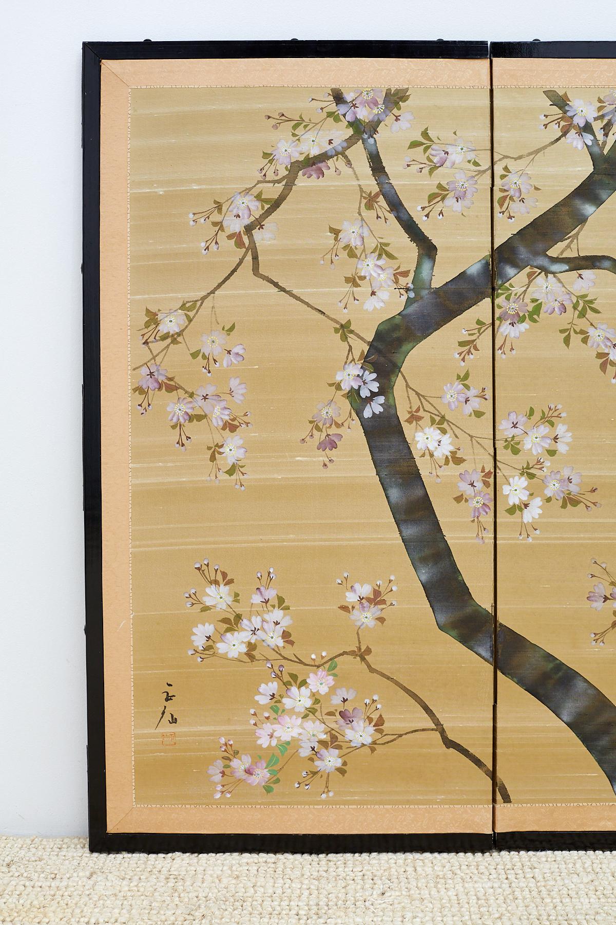 Mid-Century Modern Japanese Four-Panel Screen Cherry Blossoms on Silk