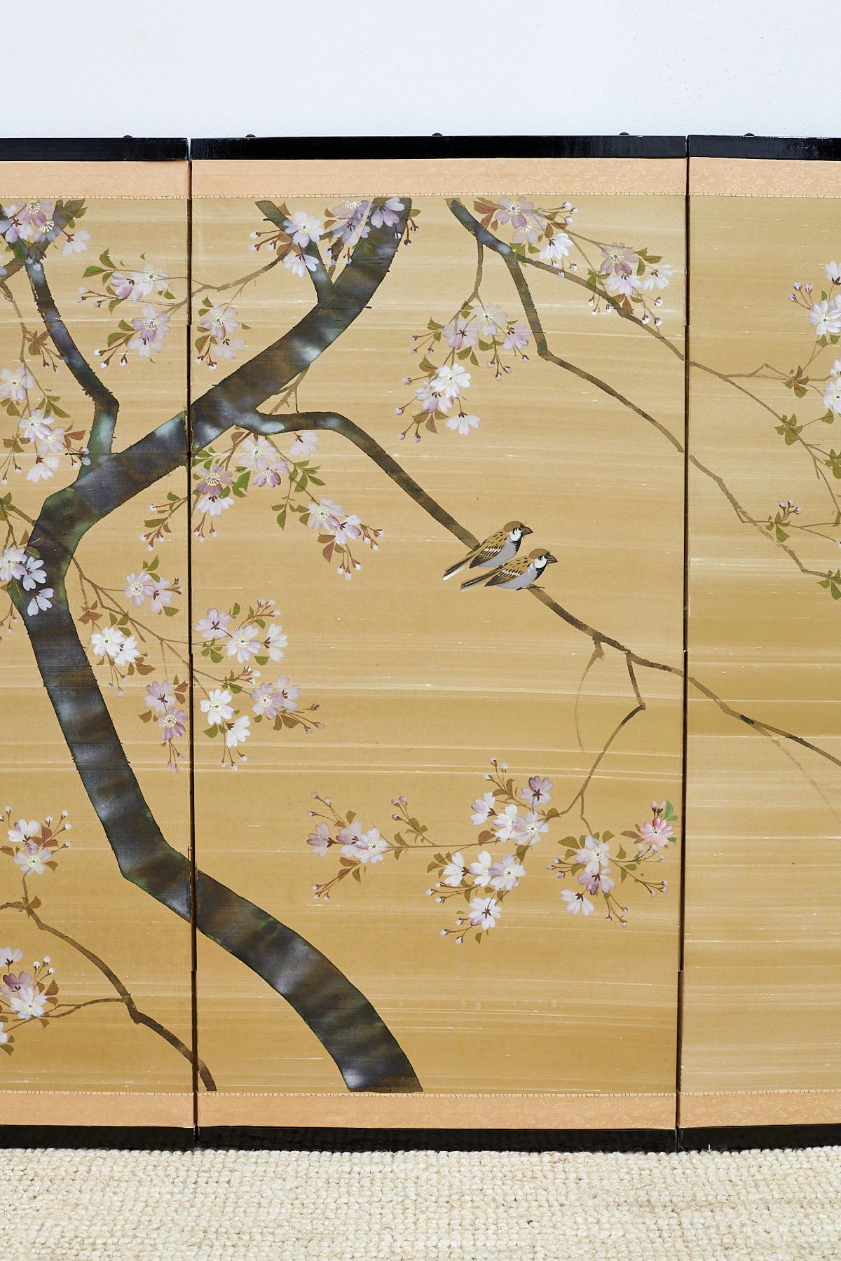 Ebonized Japanese Four-Panel Screen Cherry Blossoms on Silk