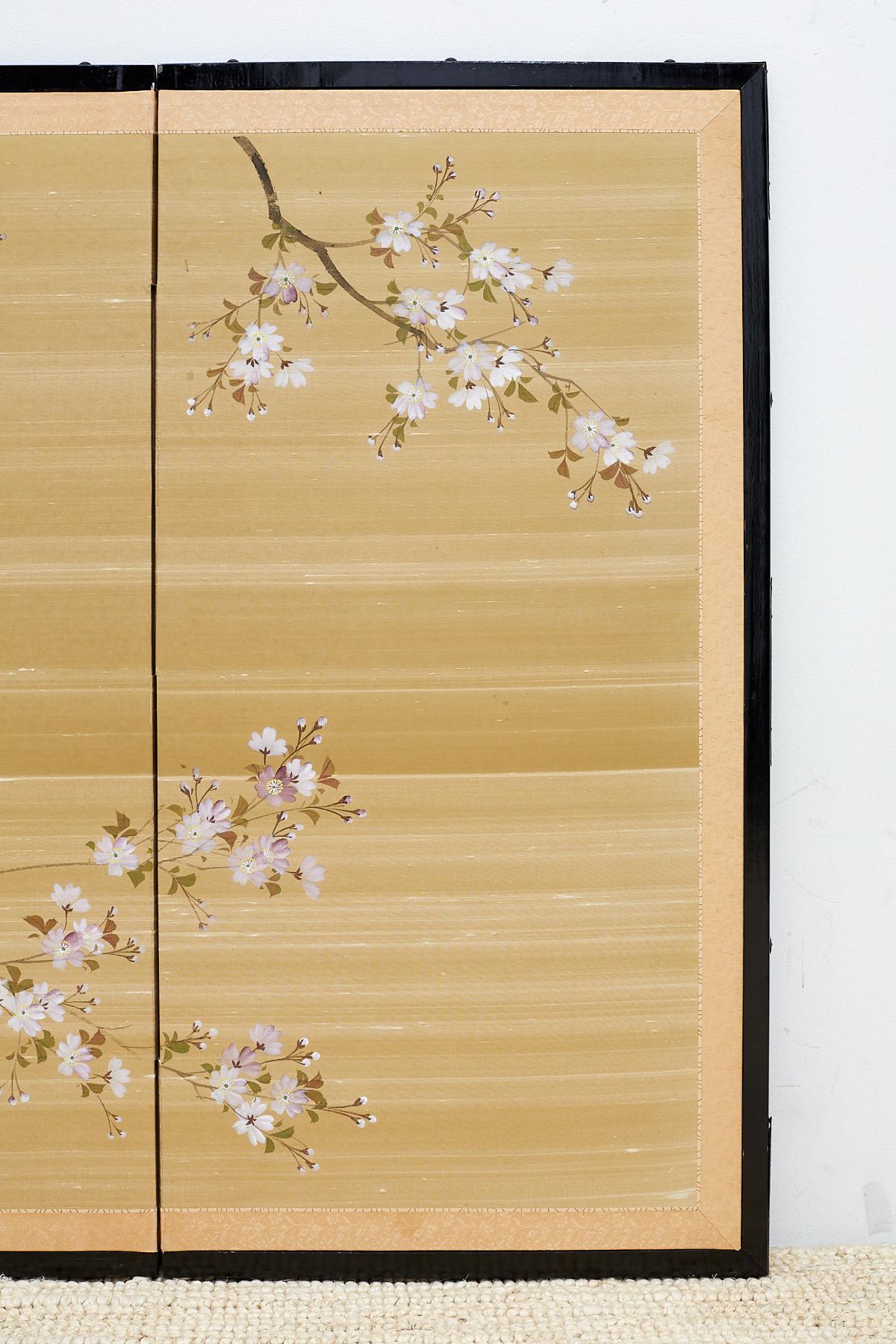 20th Century Japanese Four-Panel Screen Cherry Blossoms on Silk