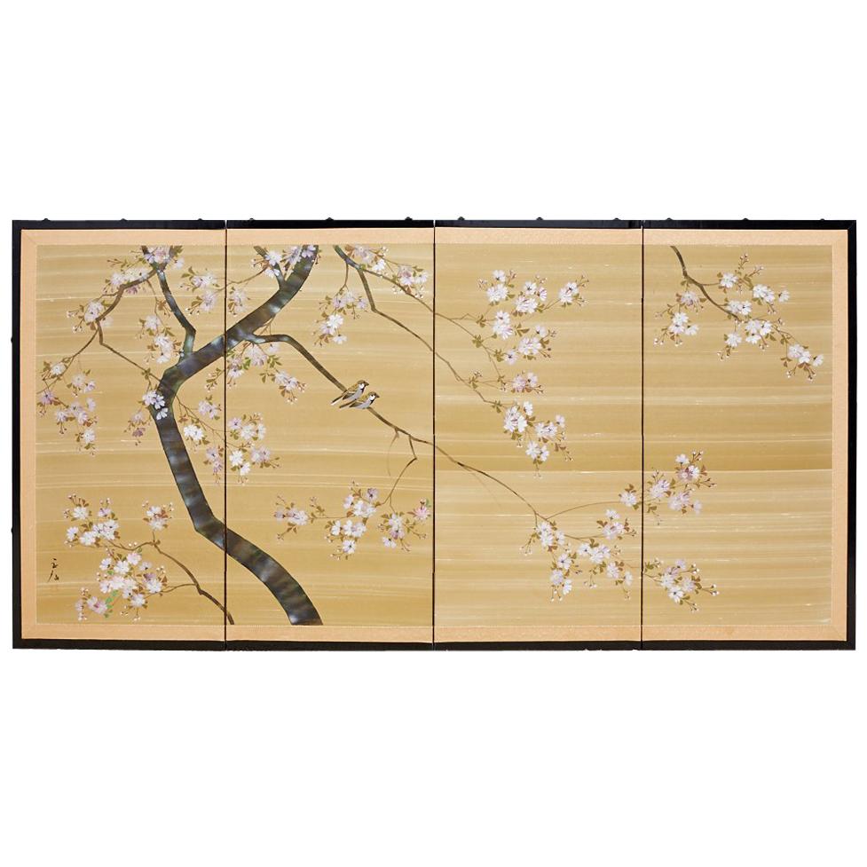 Japanese Four-Panel Screen Cherry Blossoms on Silk