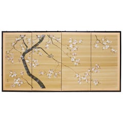 Japanese Four-Panel Screen Cherry Blossoms on Silk