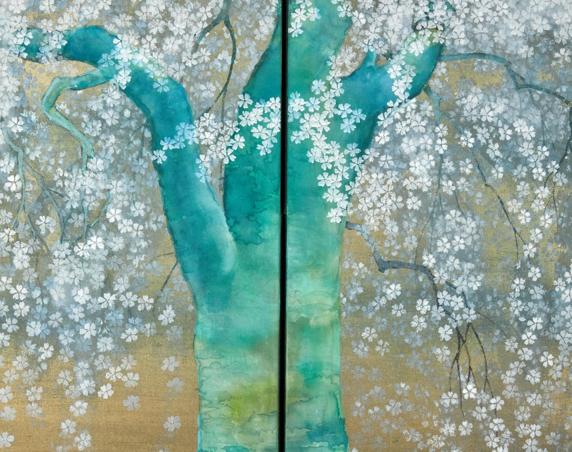 Japonais Japanese Four Panel Screen: Cherry Viewing Under Moonlight en vente