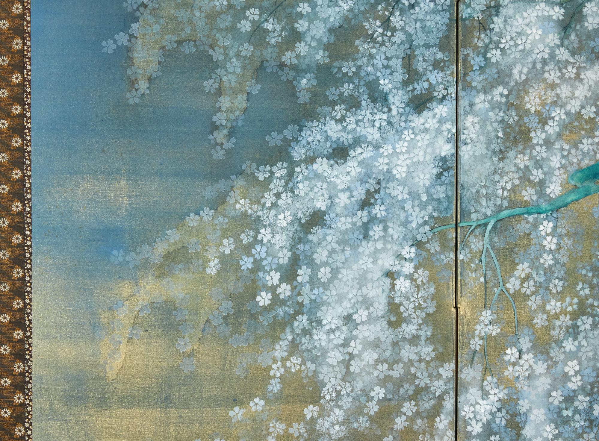 Japanese Four Panel Screen: Cherry Viewing Under Moonlight Bon état - En vente à Hudson, NY