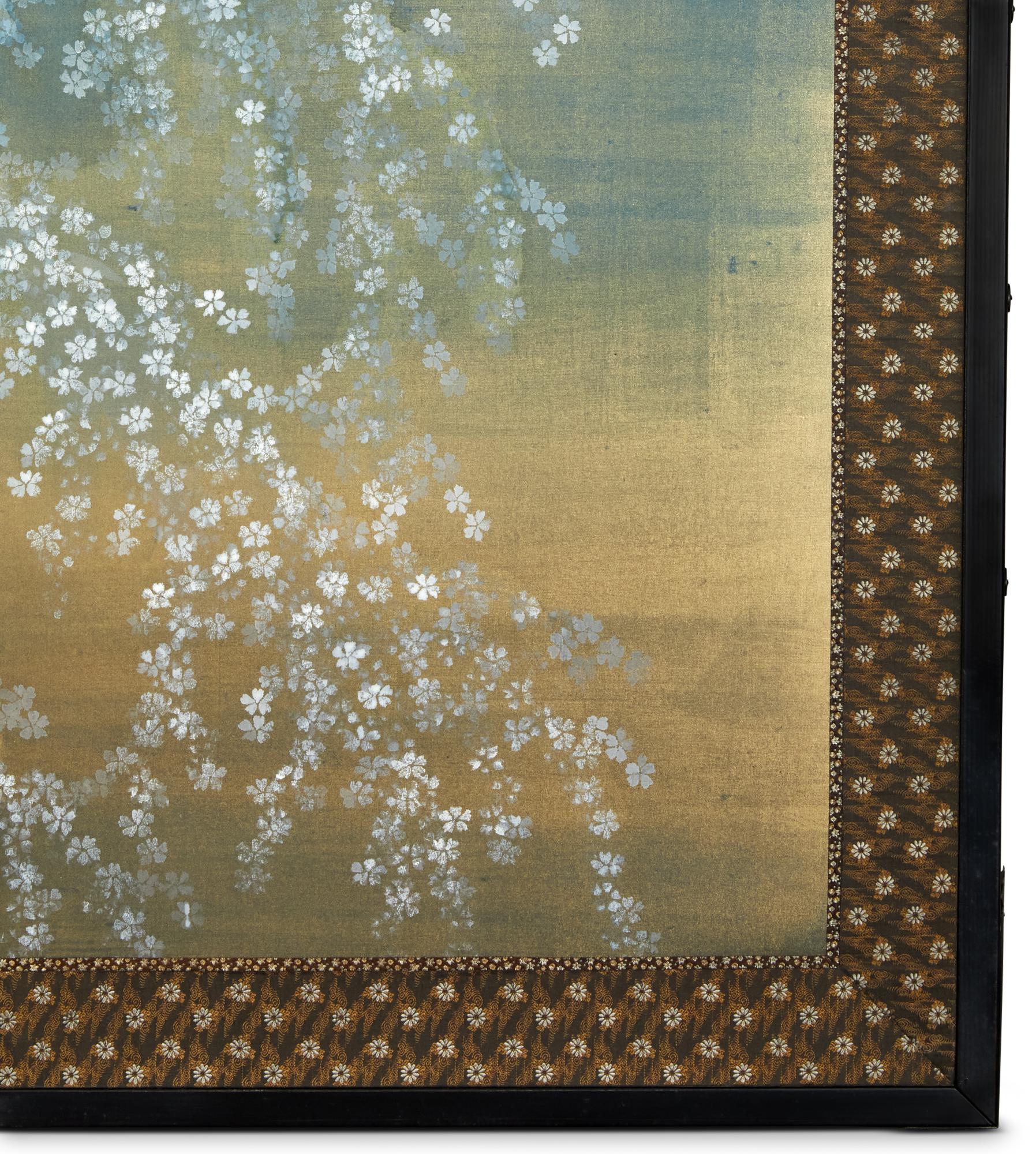 Tissu Japanese Four Panel Screen: Cherry Viewing Under Moonlight en vente