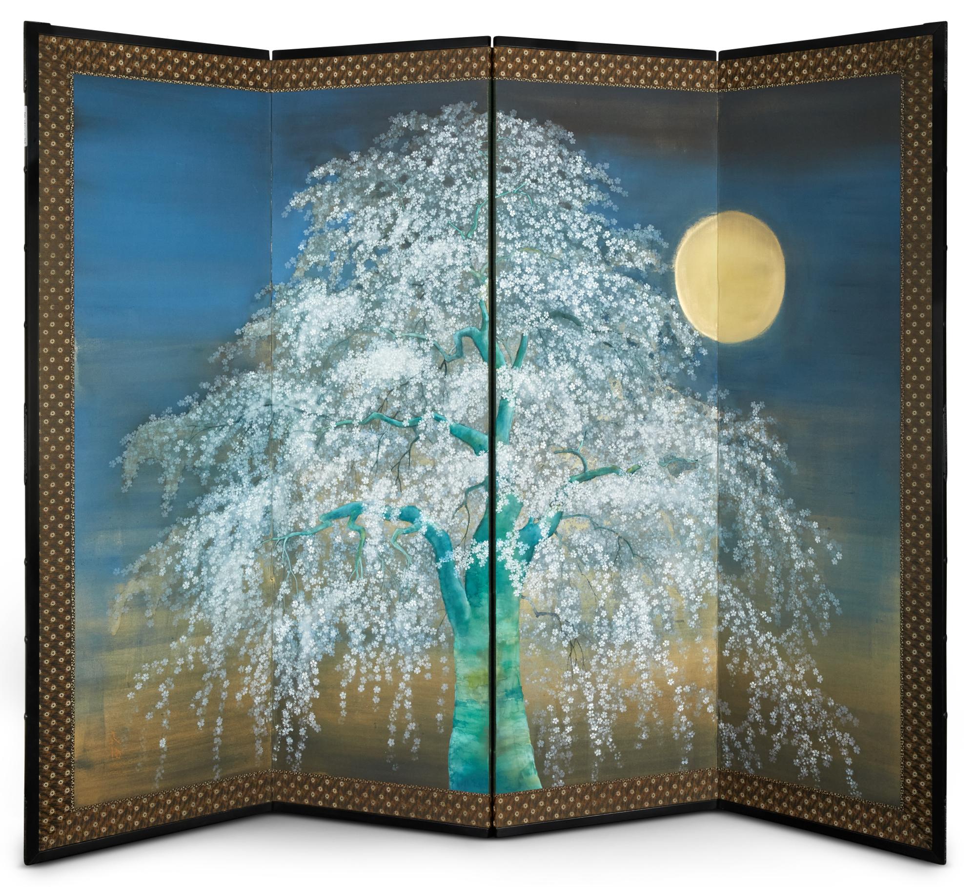 Japanese Four Panel Screen: Cherry Viewing Under Moonlight en vente 3