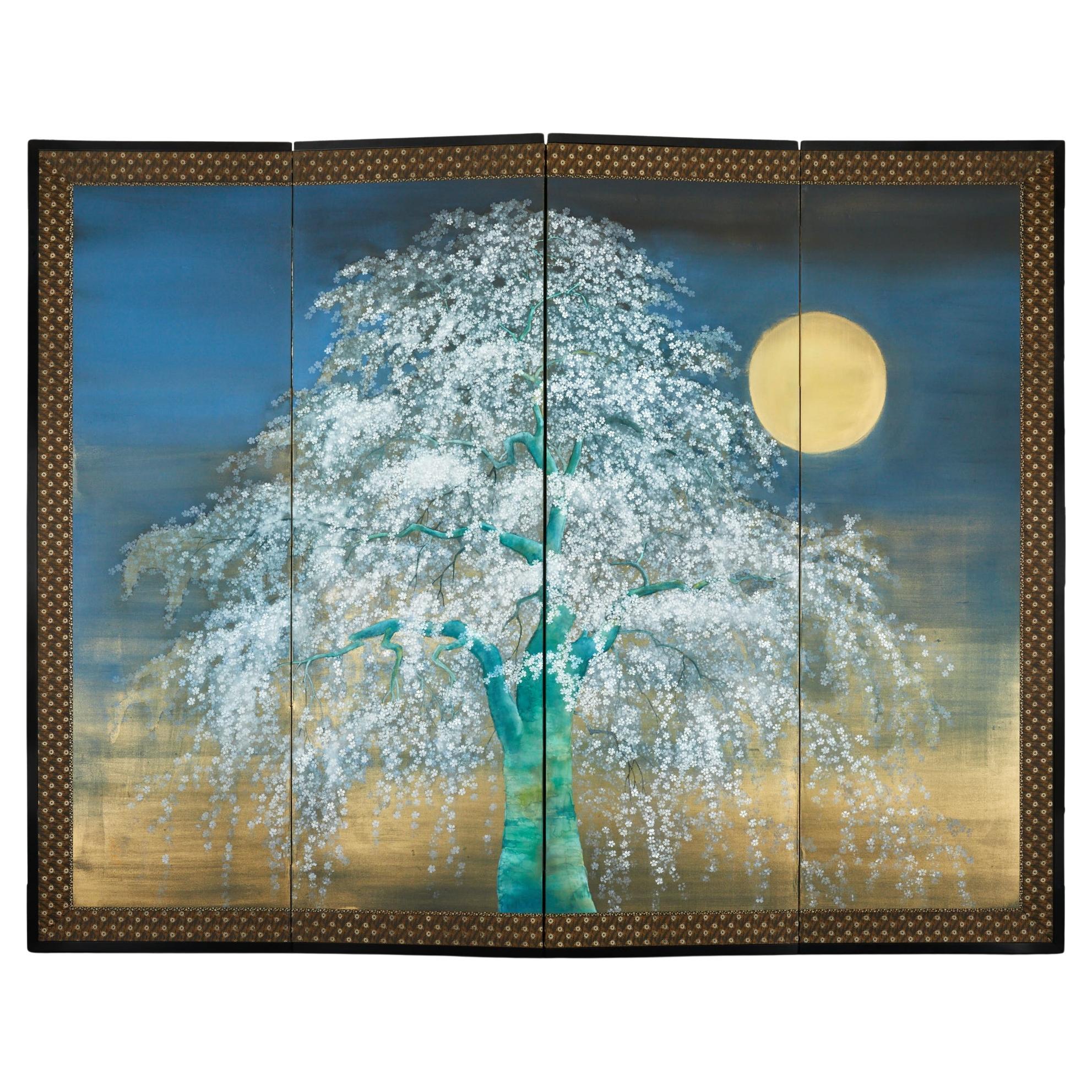 Japanese Four Panel Screen: Cherry Viewing Under Moonlight